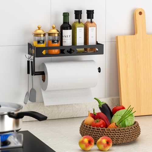 Wall Mount Paper Towel Holder with Shelf for Bathroom, Kitchen,Black 2Hooks | Metal Spice Rack, Easy One-Hand Tear Design Mounted Hanging Hand Paper Towel Roll Holder for RV, Home(Self Adhesive or Drill) - color: Black