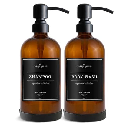 Vine Creations Amber Glass Soap Dispenser, 2 Pack Kitchen Soap Dispenser Set with Stainless Steel Pump, 16 oz Dish Soap and Hand Soap Dispensers for Bathroom with Waterproof Labels - color: Amber Bottle / Matte Black Pump