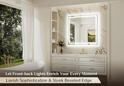 Keonjinn Beveled Lighted Mirror for Bathroom Wall 36" x 36", Tempered Glass | Frontlit & Backlit, LED Bathroom Mirror with Light, 3000K/4500K/6000K, Fast Anti-Fog, Stepless Dimmable, Memory Function - size: 36"L x 36"W