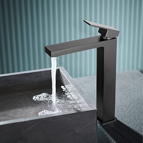 Matte Black Vessel Sink Faucet, Tall Single Handle Bathroom Faucet Single Hole Bowl Sink Faucet Lavatory Vanity Faucet with Pop up Drain Assembly, BF307-MB-T - color: Black (Tall)