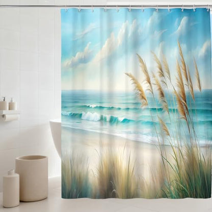 Ocean Sea Beach Shower Curtain, Coastal Sandy Shower Curtains for Bathroom, Light Blue Nature Blossom Waterproof Polyester Fabric Shower Curtain Set with Hooks, Standard Size 72 x 72 inches - color: Light Blue