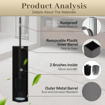 Toilet Brush and Holder Wall Mounted, Gun Gray Aluminum with 2 Replaceable Heads, Bathroom Toilet Brush, Drill or 3M Adhesive Mount, Removable Liner and Splash Guard, Modern Square Design - color: Gun Gray-wall Mounted
