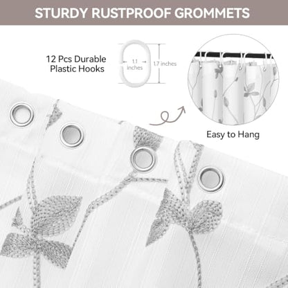 Embroidered Leaf Farmhouse Shower Curtain,Faux Linen,72Wx72L,White Grey | Boho Modern Shower Curtain Set, Washable & Waterproof Fabric, Floral Shower Curtains for Bathroom with Hooks - color: White Grey