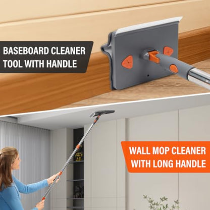 86" Baseboard Cleaner Tool with Handle,Wall Cleaner Tool with Long Handle, Ceiling Mop with Squeegee,Triangle Mop with 8 Replacement Pads for Baseboards Cleaning, Ceiling, Wall, Floor, Shower