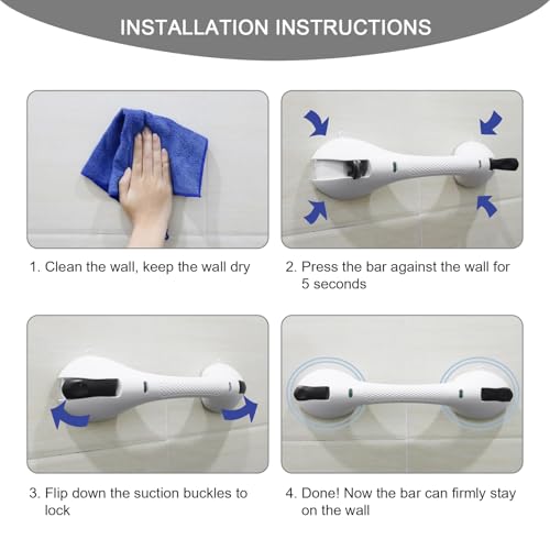 Suction Grab Bar for Shower Bathtub: Upgraded Heavy Duty Non-Slip Grip Handle with Strong Suction Cup for Bathroom Wall, Max Load 269LBS Safety Bar for Elderly Senior