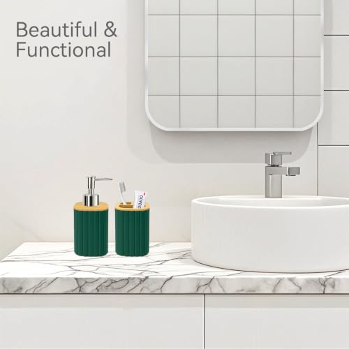 Bathroom Accessories Set, 2PCS Dark Green Soap Dispenser, Toothbrush Holder | Bamboo Bathroom Sets Accessories, Bathroom Set Striped - color: Green