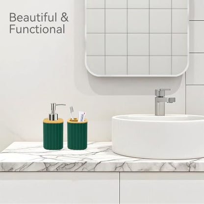 Bathroom Accessories Set, 2PCS Dark Green Soap Dispenser, Toothbrush Holder | Bamboo Bathroom Sets Accessories, Bathroom Set Striped - color: Green