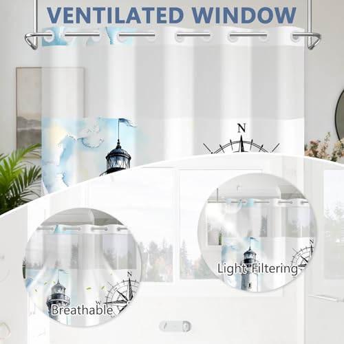No Hook Waterproof Shower Curtains, Snap-in Shower Curtain Liner with Weighted Hem & Top Window, Nautical Shower Curtain for Bathroom, Hotel and Gym, 71x74 Inches - color: Coastal Lighthouse