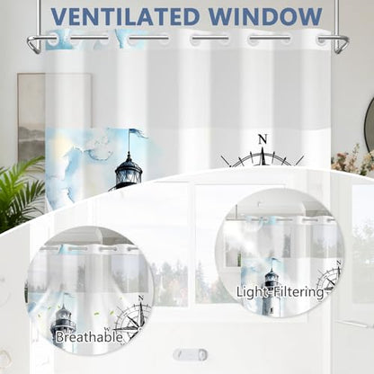 No Hook Waterproof Shower Curtains, Snap-in Shower Curtain Liner with Weighted Hem & Top Window, Nautical Shower Curtain for Bathroom, Hotel and Gym, 71x74 Inches - color: Coastal Lighthouse