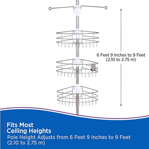 Kenney KN614128 Easy Slide Adjustable Height (6' 9"-9') Spring Tension Metal Corner Pole Shower Caddy with 3 Adjustable Rust-Resistant Basket Shelves, Towel Bars, and Razor Holders, Brushed Nickel