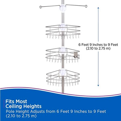 Kenney KN614128 Easy Slide Adjustable Height (6' 9"-9') Spring Tension Metal Corner Pole Shower Caddy with 3 Adjustable Rust-Resistant Basket Shelves, Towel Bars, and Razor Holders, Brushed Nickel