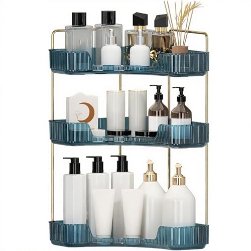 INVSSENE Corner Bathroom Countertop Organizer, Vanity Organizer Trays for Counter, Makeup Organizers, Perfume Tray, Skincare Shelf Storage Gifts for Women Girl Student (Blue, 3 Tiers) - color: Blue, size: 13.6" x 10.1" x 17.5"