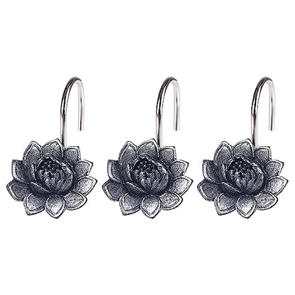 Twofish Home Black Flower Shower Curtain Hooks Anti Rust Shower Curtain Hooks Decorative Resin Black Flower Shower Curtain Rings Set of 12 - color: Black Flower