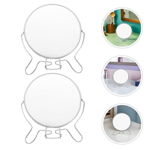 2pcs Double Sided Makeup Vanity Mirrors with Stand, 6-inch Round Lightweight Metal Frame and Glass, Foldable Swivel Tabletop Mirrors for Eyebrow Grooming at Home Use
