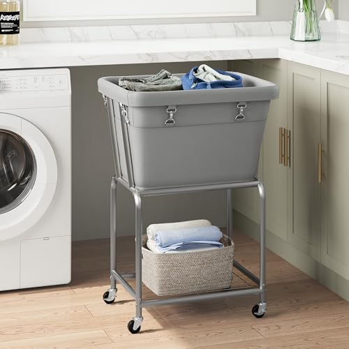 ELYKEN Rolling Laundry Hamper with Wheels, Removable Bag, Laundry Cart | Heavy Duty Metal Frame, 2-Tier Clothes Basket with Shelf, Ideal for Closet, Bedroom, Bathroom & Laundry Room - color: Gray, size: 20.3"L x 15.9"W x 30.9"H