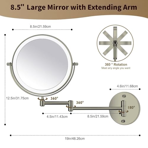 8.5" Wall Mounted Lighted Makeup Mirror, 3000 mAh Rechargeable Double-Sided 1X 10X Magnifying Mirror, 3 Color Lighting, Touch Screen Dimming, Extended Arm 360 Rotation Bathroom Mirro, Brushed Nickel - color: Brushed Nickel Wall-mounted