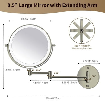 8.5" Wall Mounted Lighted Makeup Mirror, 3000 mAh Rechargeable Double-Sided 1X 10X Magnifying Mirror, 3 Color Lighting, Touch Screen Dimming, Extended Arm 360 Rotation Bathroom Mirro, Brushed Nickel - color: Brushed Nickel Wall-mounted
