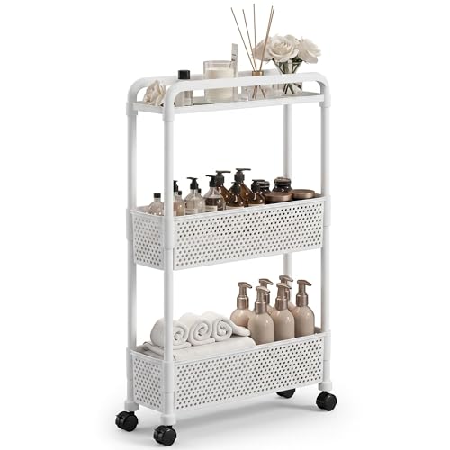 3-Tier Narrow Storage Shelf, Slim Rolling Cart with Wheels, White | 5.1" Slide Out, 15.7 x 5.1 x 26.8 in, Plastic PP, For Kitchen, Bathroom, Laundry, Pantry Organizer