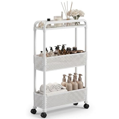 3-Tier Narrow Storage Shelf, Slim Rolling Cart with Wheels, White | 5.1" Slide Out, 15.7 x 5.1 x 26.8 in, Plastic PP, For Kitchen, Bathroom, Laundry, Pantry Organizer