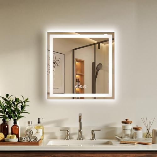 24x24 LED Bathroom Mirror with Anti-Fog, Backlit & Front Lit, Memory | Stepless Dimmable 3 Color CRI 95+ Shatterproof Tempered Glass ETL Listed for Safety Lighted Bathroom Vanity Mirror for Wall - size: 24"L x 24"W