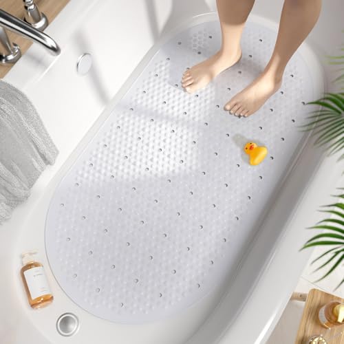 HITSLAM Non Slip Bathtub Mat, 27x15 Inch Bath Mat for Tub with Suction Cups and Drainage Holes, Machine Washable Oval Shower Mat for Kids, Seniors and Daily Use, Phthalate Free PVC, White - color: White, size: 27" x 15" (Oval)