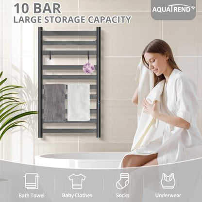 Heated Towel Rack for Bathroom, Hot Towel Warmer Rack Large 10 Bar Electric Hot Towel Warmer, Stainless Steel Wall Mounted Rack with LED Built-in Timer, Plug-in, Fast Heating, Black - color: Black