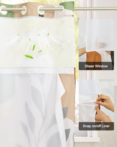 Boho No Hook Shower Curtain with Snap in Liner Set, 71x74 Inch | Double layer Waterproof Bath Curtain with Mesh Top, Abstract Botanical Leaf & Geometric Print for Mid-Century Modern Bathroom - color: Boho-1