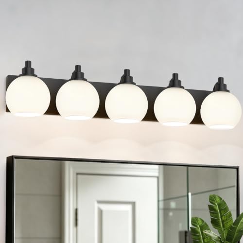 IZORRO Bathroom Light Fixtures, 5-Light Matte Black Vanity Light, Modern Wall Sconces with Globe Milk White Glass Shade, Vanity Lighting Fixtures Over Mirror,E26 Bulb Socket - color: Black-White, size: 5-Light