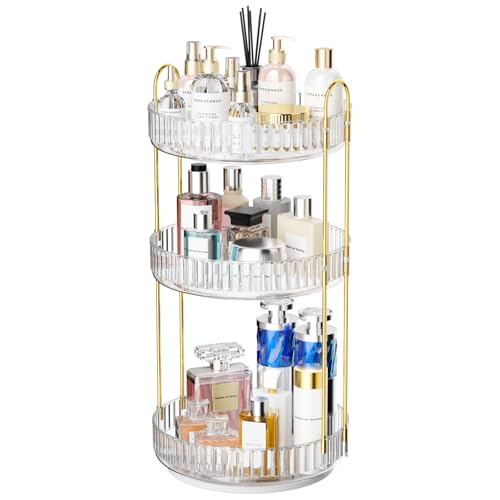 GTI 360°Rotating Makeup Organizer, 3 Tier Large Capacity Perfume Cosmetics Skincare Vanity Organizers,Bathroom Counter Organizer, Dresser Spinning Countertop Organizer and Storage for Women (Clear) - color: Transparent
