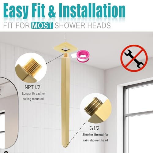 Brushed Gold Shower Arm with Flange and Teflon Tape for High Ceiling or Fixed Rain Showerhead, Universal Connection 16-inch Square Straight Shower Head Extender Extension Pipe, 304 Stainless Steel - color: Brushed Gold, style: 16inch