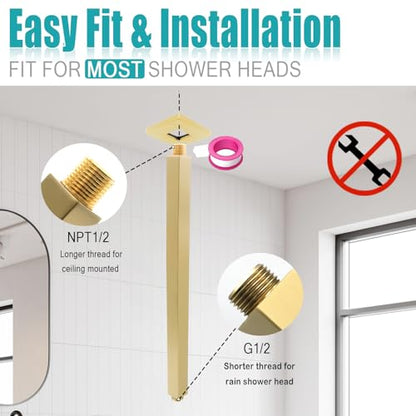 Brushed Gold Shower Arm with Flange and Teflon Tape for High Ceiling or Fixed Rain Showerhead, Universal Connection 16-inch Square Straight Shower Head Extender Extension Pipe, 304 Stainless Steel - color: Brushed Gold, style: 16inch