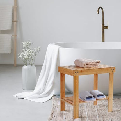 VaeFae Bamboo Shower Bench, Spa Bench Seat Stool, Foot Rest Shaving Stool with Non-Slip Feets and Storage Shelf, Works in Bathroom/Living Room/Bedroom/Garden Leisure - size: Yellow 17.3" x 11" x 16.1"