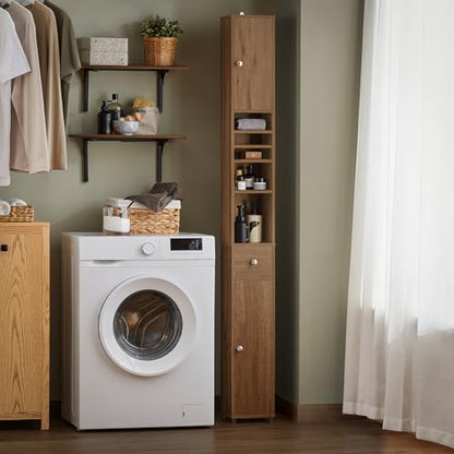 SoBuy Bathroom Narrow Storage Cabinet Skinny Tall Unit with Adjustable Shelves Slender Anti-Tipping Floor Standing Cupboard, Natural BZR34-PF | Slim Freestanding Cupboard Bathroom Storage Unit with Drawer, Compact Water-Resistant Design, Natural 20x20x180