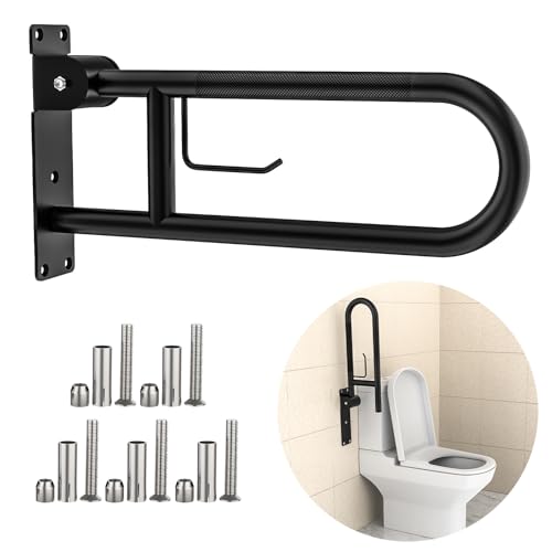 Toilet Grab Bar 24 Inch,YuanDe Matte Black Anti-Slip U-Flip-Up Handrails | Stainless Steel,Knurled Grip, Paper Holder, Toilet-Side Use, Sit/Stand Assistance, Elderly/Disabled/Pregnant Safety Assist - color: Matte Black, size: 24 IN