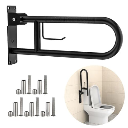 Toilet Grab Bar 24 Inch,YuanDe Matte Black Anti-Slip U-Flip-Up Handrails | Stainless Steel,Knurled Grip, Paper Holder, Toilet-Side Use, Sit/Stand Assistance, Elderly/Disabled/Pregnant Safety Assist - color: Matte Black, size: 24 IN