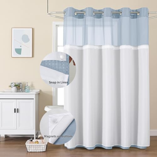 Colorful Star No Hook Shower Curtain with Snap in Fabric Liner, Waffle Weave Heavy Duty Thick Shower Curtains with Mesh Top Window, Hotel Style Waterproof Bathroom Curtain Set, 72 x 75 Inch, Fog Blue - color: Fog Blue, size: 72"W x 75"L (Pack of 1)