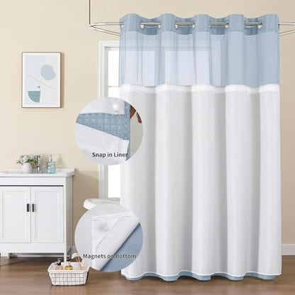 Colorful Star No Hook Shower Curtain with Snap in Fabric Liner, Waffle Weave Heavy Duty Thick Shower Curtains with Mesh Top Window, Hotel Style Waterproof Bathroom Curtain Set, 72 x 75 Inch, Fog Blue - color: Fog Blue, size: 72"W x 75"L (Pack of 1)