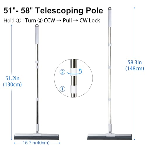 Floor Squeegee with 51"-58" Telescoping Handle & 180° Rotating Head, Water Removal for Tile & Hardwood, Under-Furniture Cleaning