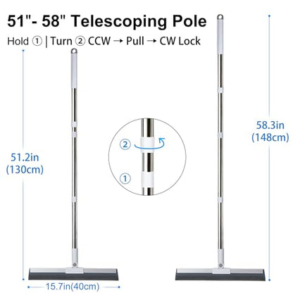 Floor Squeegee with 51"-58" Telescoping Handle & 180° Rotating Head, Water Removal for Tile & Hardwood, Under-Furniture Cleaning