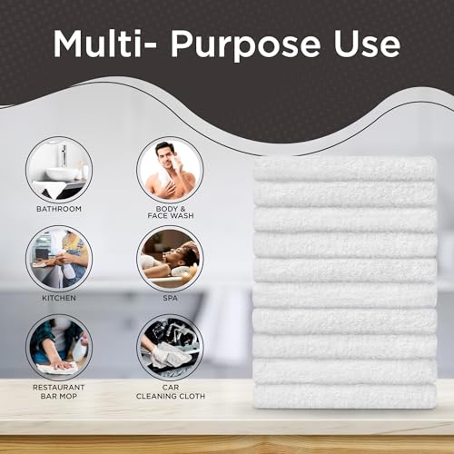 100% Cotton Washcloths 12x12 in, Absorbent, White (10 Pack)