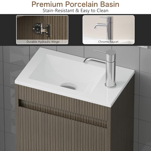 wonline 16" Small Bathroom Vanity Sink Combo Modern Wall Mounted Floating Cabinet W/Resin Basin Sink Top, Chrome Water Save Faucet & Pop Up Drain - color: Brown Wood Grain