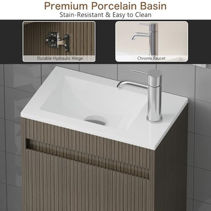 wonline 16" Small Bathroom Vanity Sink Combo Modern Wall Mounted Floating Cabinet W/Resin Basin Sink Top, Chrome Water Save Faucet & Pop Up Drain - color: Brown Wood Grain