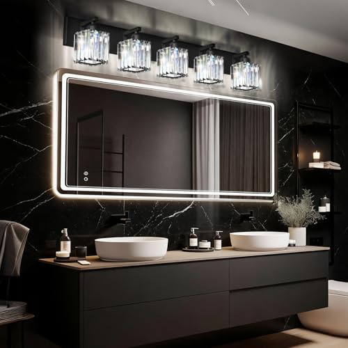 Black Crystal Bathroom Vanity Light, 5-Light Modern Bathroom Lighting Fixtures Over Mirror, Matte Black Wall Sconce Light Fixtures with Square Shade - color: Black-Square Shade, size: 5-LIGHT