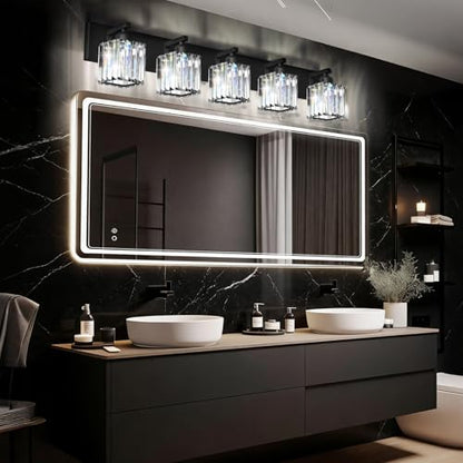 Black Crystal Bathroom Vanity Light, 5-Light Modern Bathroom Lighting Fixtures Over Mirror, Matte Black Wall Sconce Light Fixtures with Square Shade - color: Black-Square Shade, size: 5-LIGHT