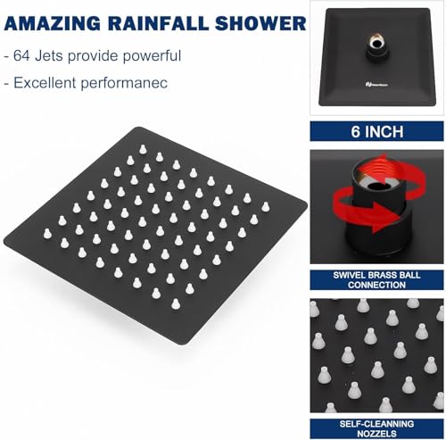 NearMoon Rain Shower Head, High Flow Stainless Steel Square Rainfall Shower, High Pressure Design, Awesome Shower Experience Even At Low Water Flow (6 Inch, Matte Black) - color: Matte Black, size: 6 Inch Square