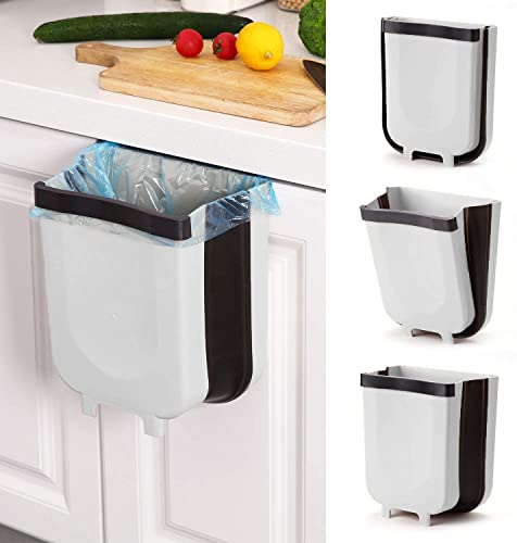 Hanging Trash Can for Kitchen Cabinet, Wall-Mounted Trash Can Foldable Waste Bins for Door Bedroom Dorm Room Car - Large Capacity 9L (White)