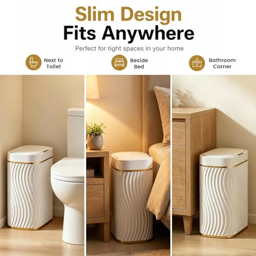 Bathroom Small Trash Can with Automatic Touchless Lid, 2.6 Gallon Smart Garbage Can Narrow Waterproof Trash Bin for Bedroom, Office, Living Room - color: 2.6 gallon-Gold white