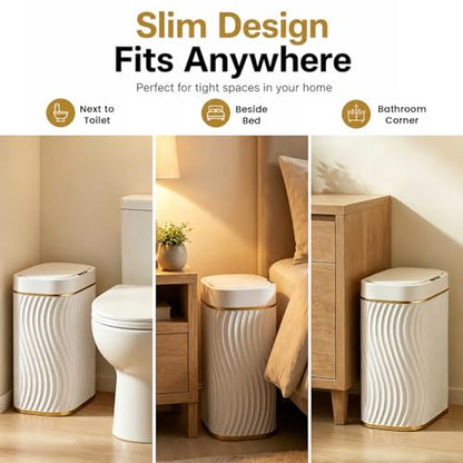 Ogikey Bathroom Trash Can with Lid, 5 Gallon Automatic Touchless Garbage Can, Motion Sensor Smart Trash Bin, Slim Waterproof Waste Bin for Living Room, Bedroom, Office, Kitche - color: 5 gallon-white gold