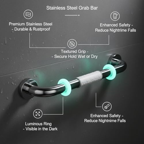 Stainless Steel Shower Grab Bar with Luminous Ring, Textured Non-Slip Bathroom Handrail, 11.8 Inch White