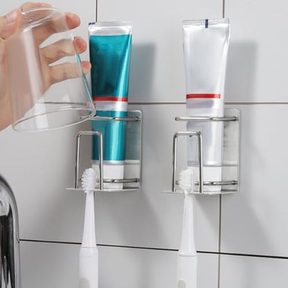 SOLUSTRE 304 Stainless Steel Wall Mounted Toothbrush Organizer with Rinsing Cup, No Drill Bathroom Storage Rack, Toothbrush and Toothpaste Holder for Family Use